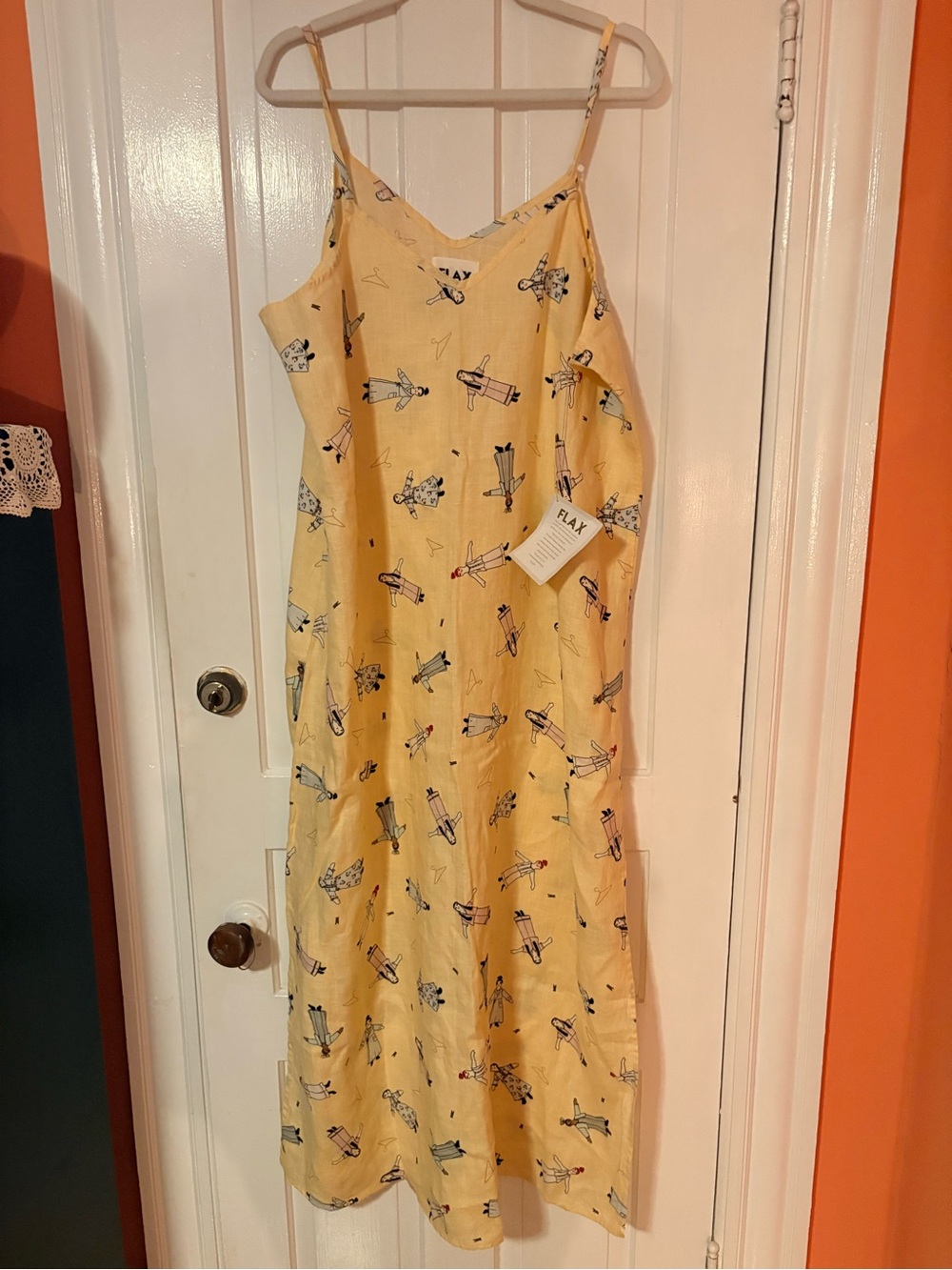 FLAX Linen Maxi Dress NWT Large Whimsical Folk Art Print Lithuania